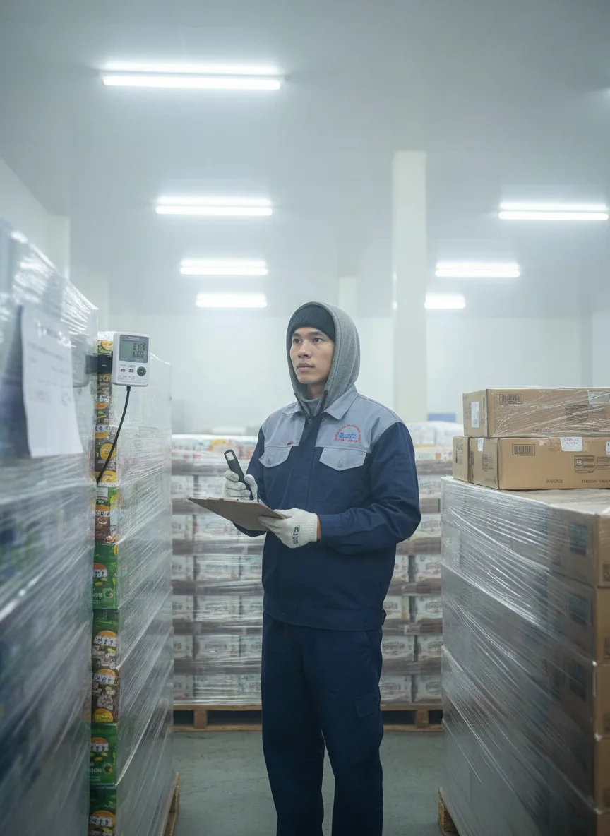 Nhân viên trẻ người Việt kiểm tra kho lạnh lớn chứa pallet thực phẩm, mặc áo khoác bảo hộ, hơi mù sương lạnh, ánh sáng trắng mềm từ trần, máy ghi nhiệt bên cạnh, cận cảnh nửa thân,