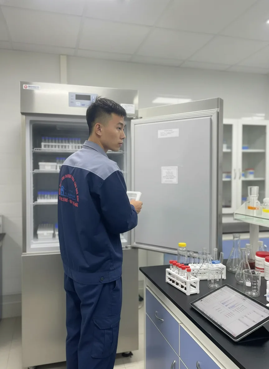 Thanh niên kỹ sư đứng trước phòng thí nghiệm lạnh với tủ lạnh mẫu sinh học mở, ống nghiệm và bảng dữ liệu trên bàn, ánh sáng phòng thí nghiệm trung tính, góc nghiêng 45 độ, tiêu cự