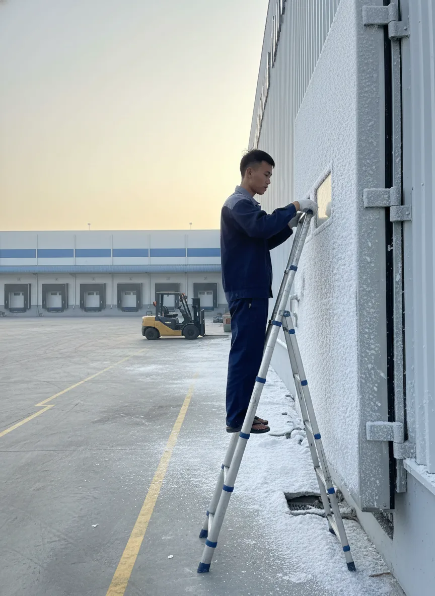 Nam kỹ thuật viên kiểm tra cửa kho đông lạnh công nghiệp ngoài trời, nền là tòa nhà công nghiệp và xe forklift, ánh sáng buổi sáng sớm vàng, góc rộng từ bên hông thể hiện quy mô, b