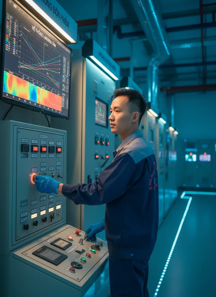 Thanh niên kỹ sư đứng cạnh bảng điều khiển hệ thống lạnh trung tâm trong phòng điều khiển, màn hình hiển thị biểu đồ nhiệt, ánh sáng ấm-lạnh tương phản, cận cảnh tay điều chỉnh nút