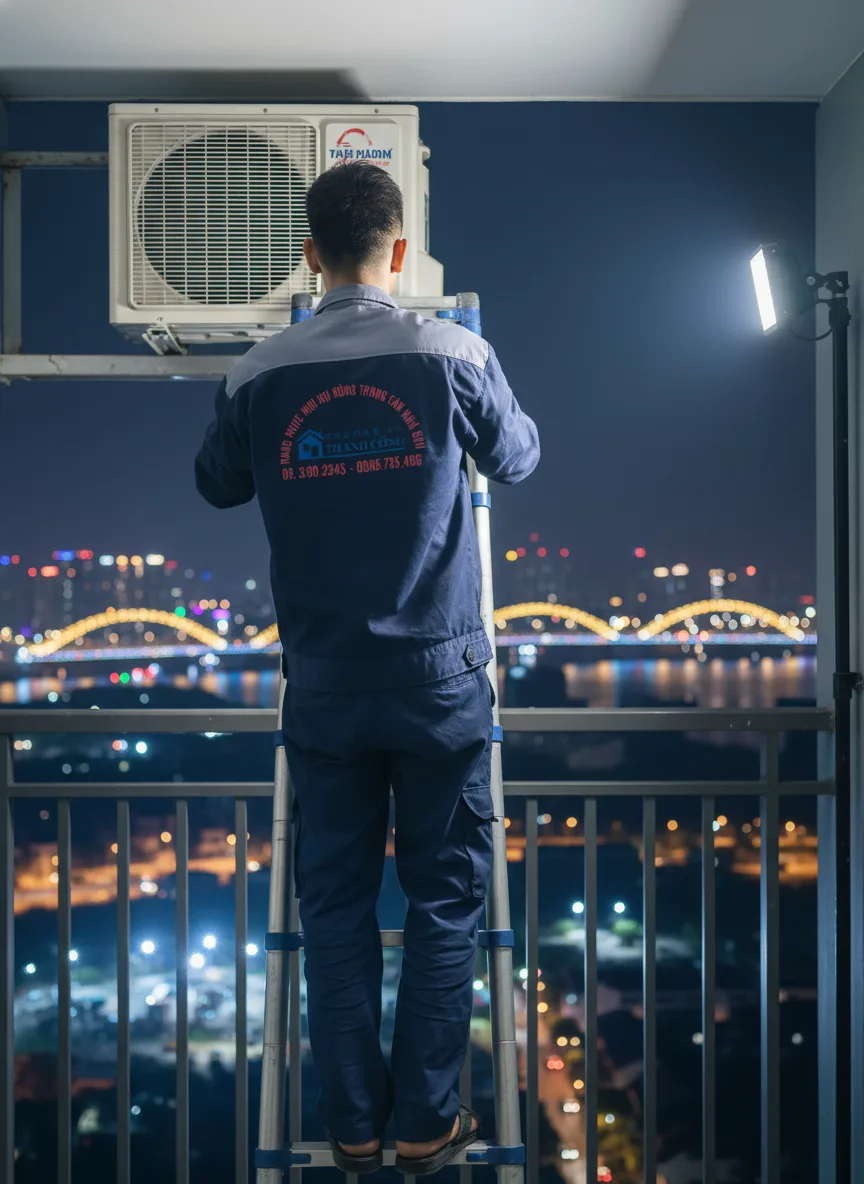 Nam thanh niên châu Á mặc đồng phục kỹ thuật, leo xuống từ thang đặt trước máy lạnh treo ngoài ban công căn hộ ở Đà Nẵng, phông nền có ánh sáng thành phố dịu và cầu Rồng mờ xa, đêm