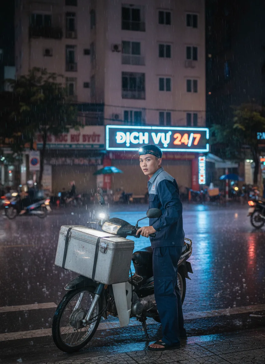 Nam kỹ thuật viên đứng cạnh xe máy chở thùng dụng cụ trước chung cư, bảng hiệu dịch vụ 24/7 sáng đèn, trời mưa nhẹ ban đêm, phản chiếu đường ướt, mood quyết liệt, góc rộng nhìn toà