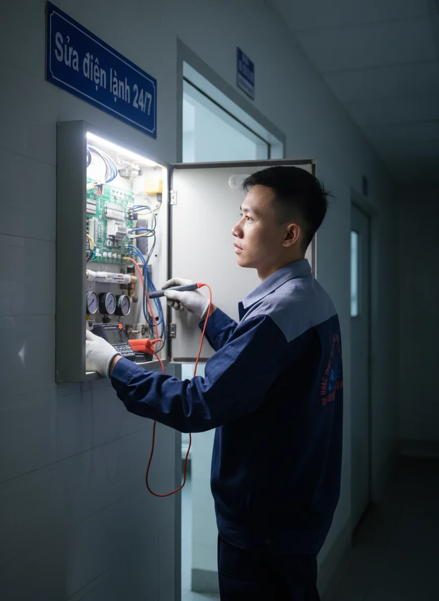 Nam thợ trẻ trong bộ đồ bảo hộ mở nắp tủ điều khiển phòng mổ bệnh viện, bảng chữ tín 'Sửa điện lạnh 24/7' trên tường hành lang, lúc đêm muộn, ánh sáng phòng mổ trắng sáng, mood khẩ