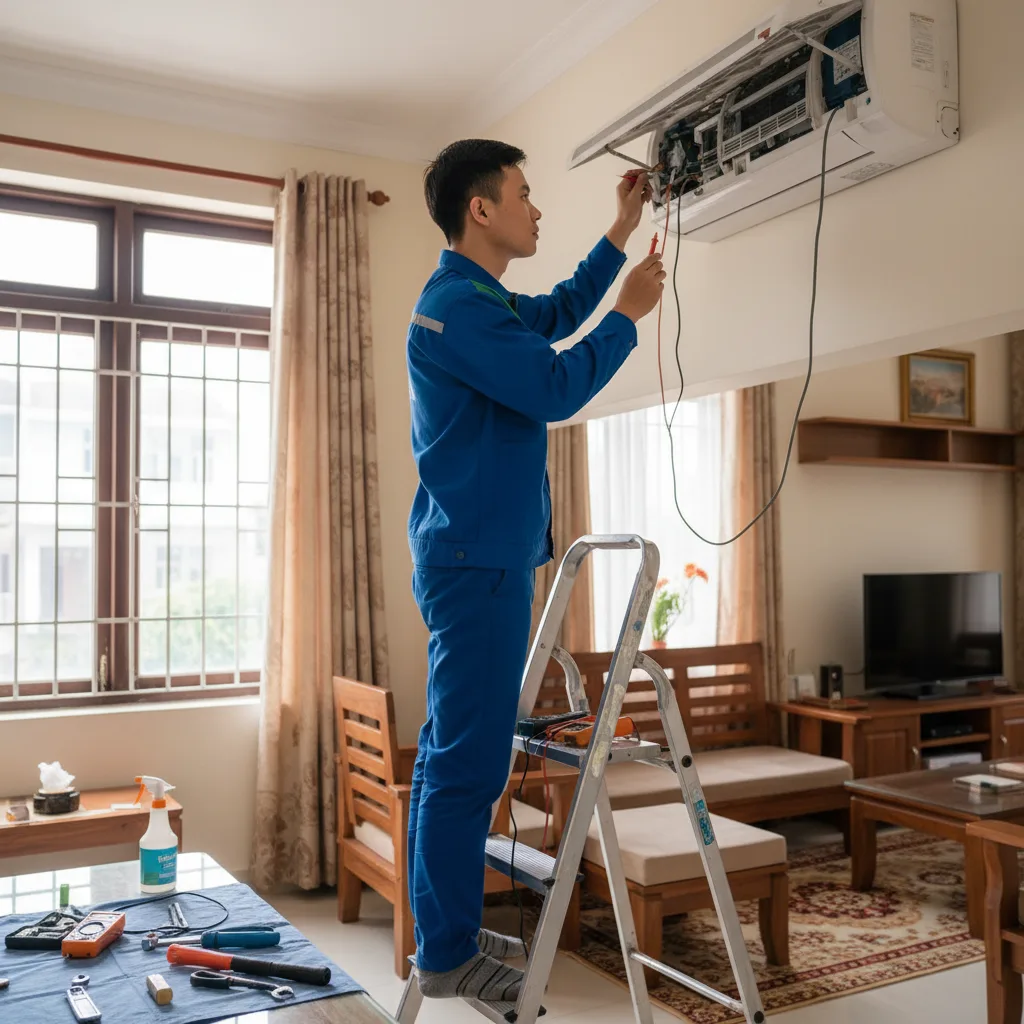 Thợ sửa điều hòa nam người Việt ~25 tuổi mặc đồng phục aa795e9d-0f8f-42e6-82db-b5908d49490e.jpeg đang kiểm tra máy điều hòa treo tường trong phòng khách nhà ở tỉnh An Giang, ánh sá