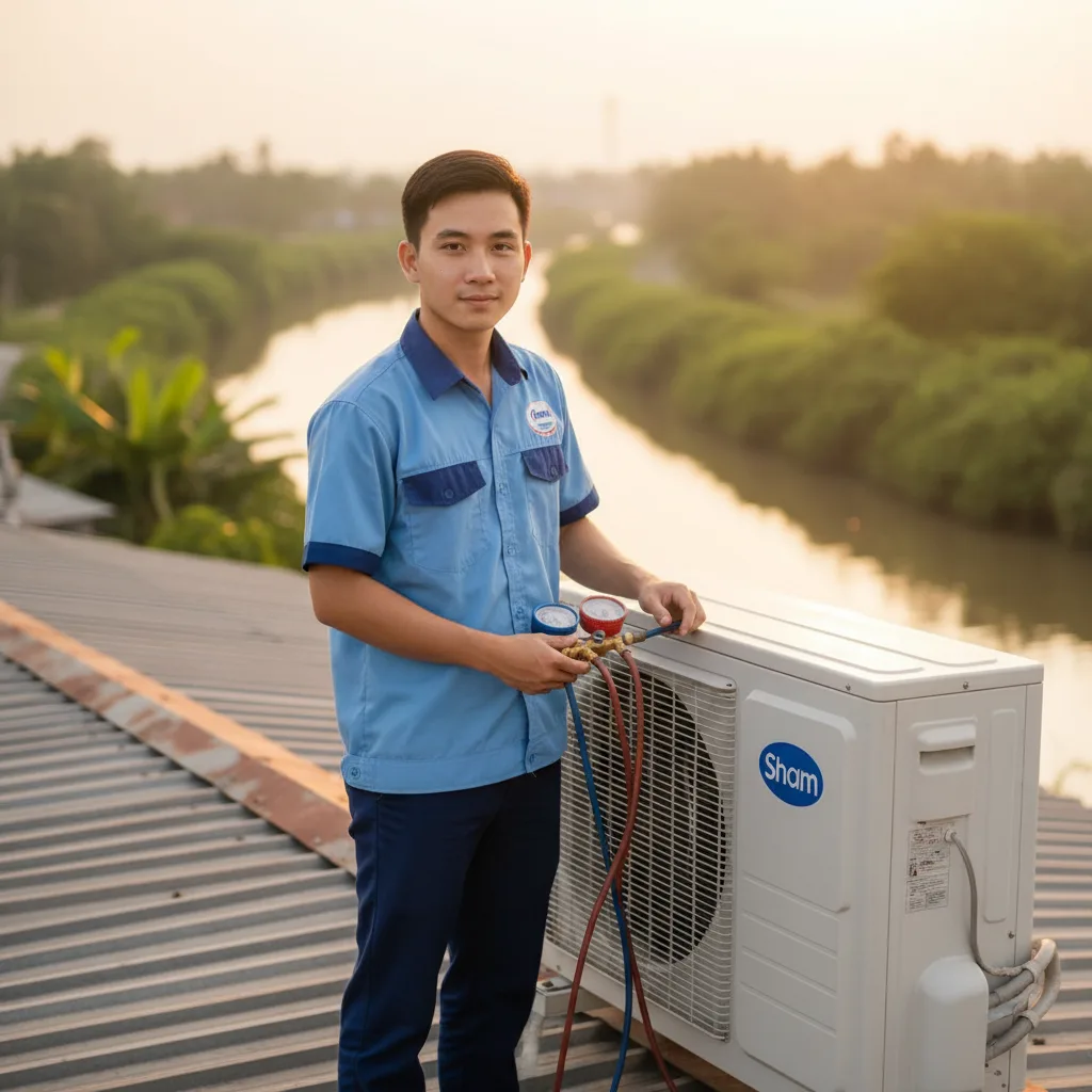 Thợ trẻ nam người Việt khoảng 25 tuổi trong đồng phục aa795e9d-0f8f-42e6-82db-b5908d49490e.jpeg cầm máy đo áp suất đứng cạnh dàn nóng điều hòa ngoài sân nhà mái tôn An Giang lúc ch