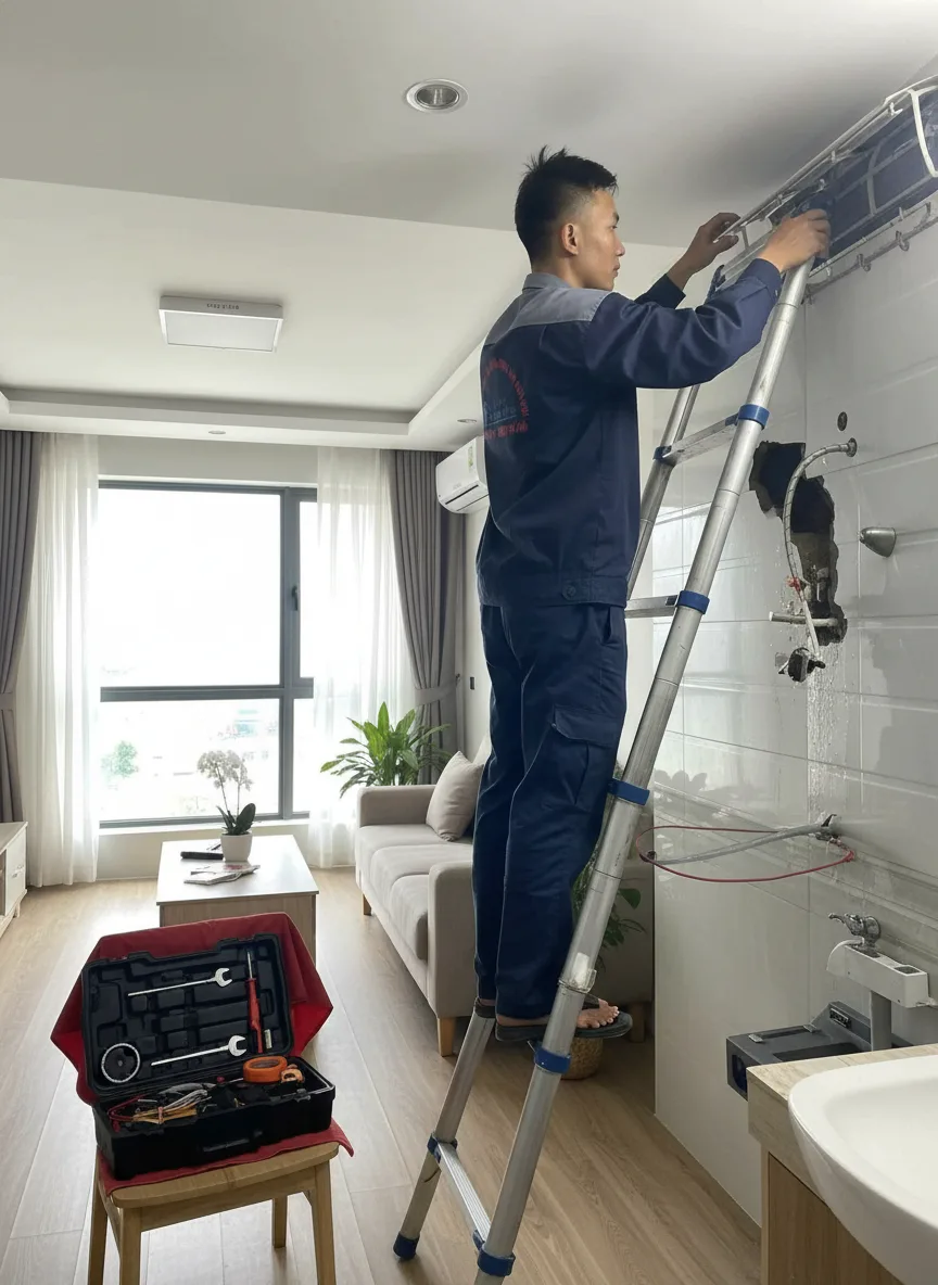 Kỹ thuật viên nam người Việt ~25 tuổi, mặc đồng phục xanh dạm, đang đứng trên thang chỉnh sửa dàn lạnh treo tường trong phòng khách căn hộ ở Bà Rịa – Vũng Tàu lúc sáng sớm, ánh sán