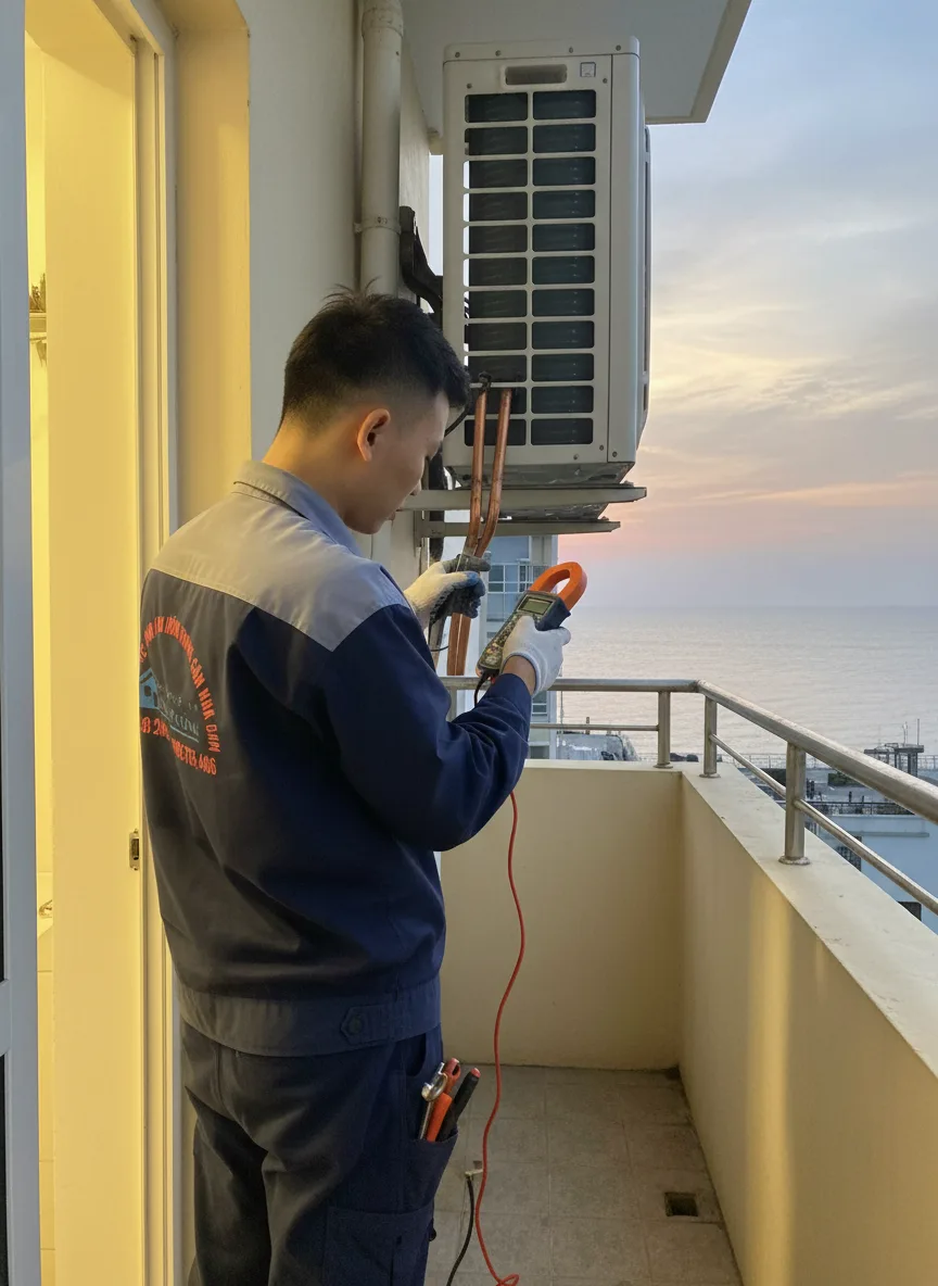 Thanh niên kỹ sư sửa điều hòa khoảng 25 tuổi đang kiểm tra dàn nóng trên ban công tòa nhà nhỏ sát biển, hoàng hôn rực nhẹ, ánh đèn vàng ấm từ hành lang, máy đo điện và ống đồng trê