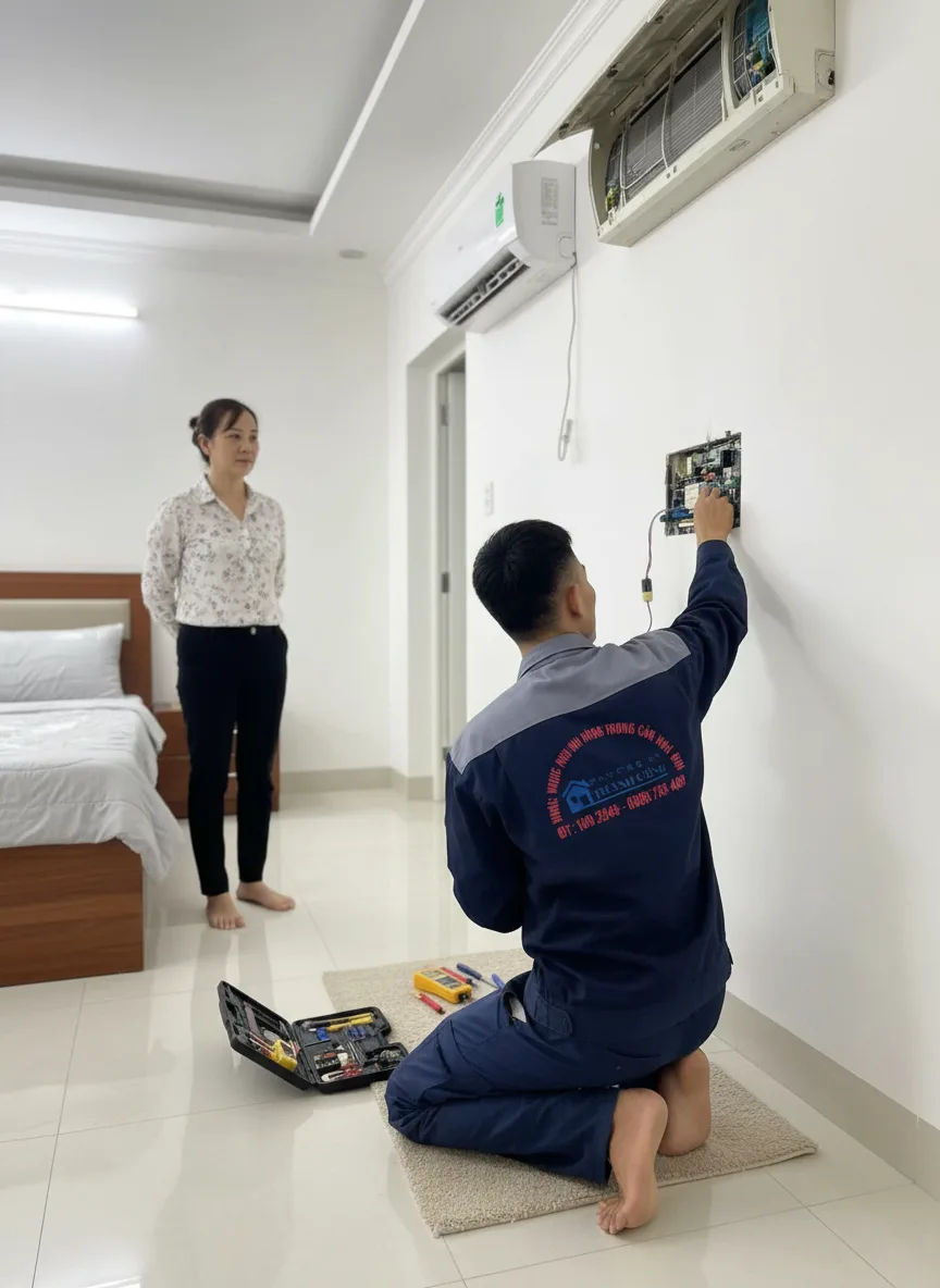 Bạn thợ trẻ người Việt 25 tuổi quỳ kiểm tra bảng mạch điều hòa trong phòng ngủ gia đình, đèn trần bật nhẹ ban ngày, hộp dụng cụ mở cạnh giường, khách hàng nhìn theo tin tưởng, góc 