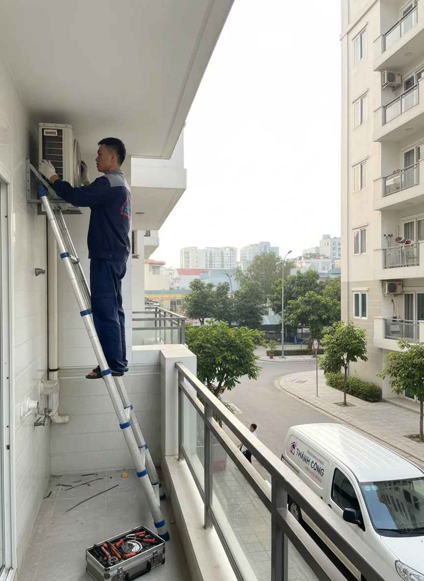 Kỹ thuật viên nam khoảng 25 tuổi đứng trên thang sửa dàn nóng điều hòa ngoài ban công chung cư ở Bắc Giang, trời giữa trưa nắng dịu, xe dịch vụ đỗ dưới, hộp đồ nghề mở cạnh chân th