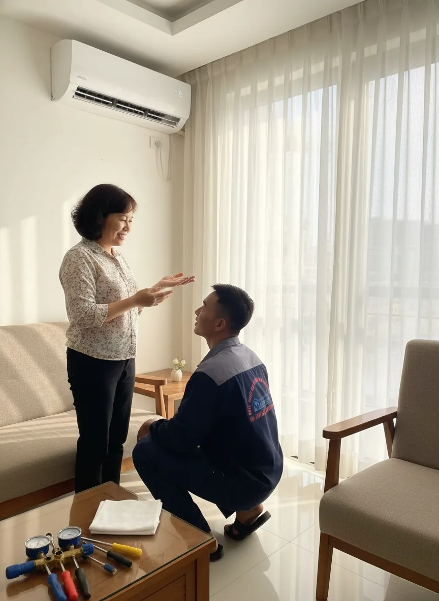 Nam thợ sửa điều hòa ~25 tuổi cúi kiểm tra dàn lạnh trong phòng khách nhà dân, trò chuyện thân thiện với chủ nhà nữ trung niên, ánh sáng buổi sáng xuyên qua rèm, khăn lau và bộ dụn