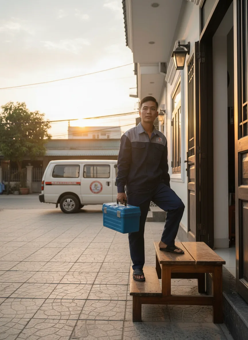 Kỹ thuật viên trẻ 25 tuổi ôm hộp dụng cụ màu xanh bước vào sân nhà qua cầu thang nhỏ, buổi chiều hoàng hôn với đèn hành lang vàng ấm, xe dịch vụ có tem địa phương Bắc Giang đậu phí
