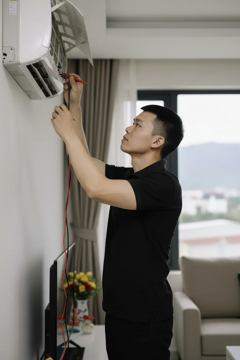 Ảnh chụp chân dung kỹ thuật viên người Hàn Quốc khoảng 30 tuổi, nam, mặc đồng phục sửa điều hòa, đang kiểm tra dàn lạnh treo tường trong phòng khách căn hộ ở Bắc Kạn ban ngày, ánh 