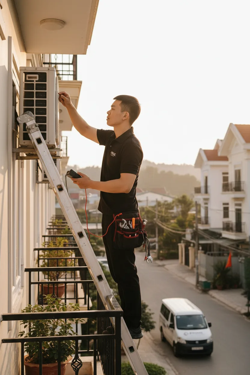 Kỹ thuật viên người Hàn Quốc nam khoảng 30 tuổi đứng trên thang trước ban công nhà phố Bắc Kạn, tháo nắp máy điều hòa ngoài trời, có bộ đồ nghề, đồng hồ đo điện trên tay, ánh sáng 