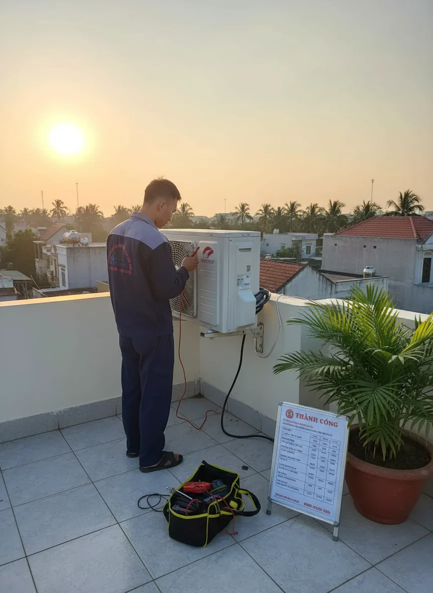 Kỹ thuật viên nam Việt ~25 tuổi mặc đồng phục xanh, đang kiểm tra dàn nóng điều hòa trên mái nhà trong khu dân cư Bạc Liêu lúc sáng sớm; ánh nắng vàng nhẹ, bóng mềm, thang, bộ dụng