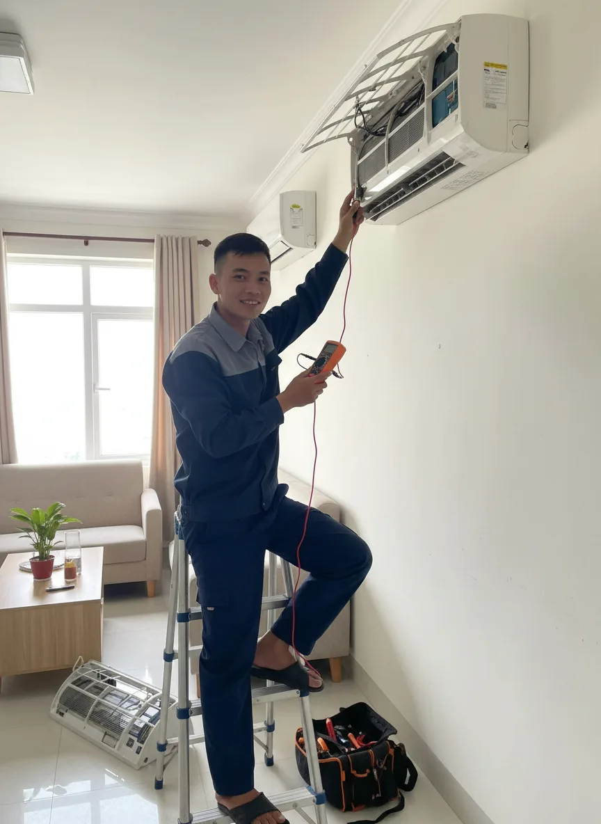 Nam thợ sửa điều hòa khoảng 25 tuổi ngồi trên thang trong phòng khách nhà phố ở Bạc Liêu, tay cầm đồng hồ đo, nắp mặt lạnh điều hòa tháo ra, ánh sáng tự nhiên từ cửa sổ ban ngày, n