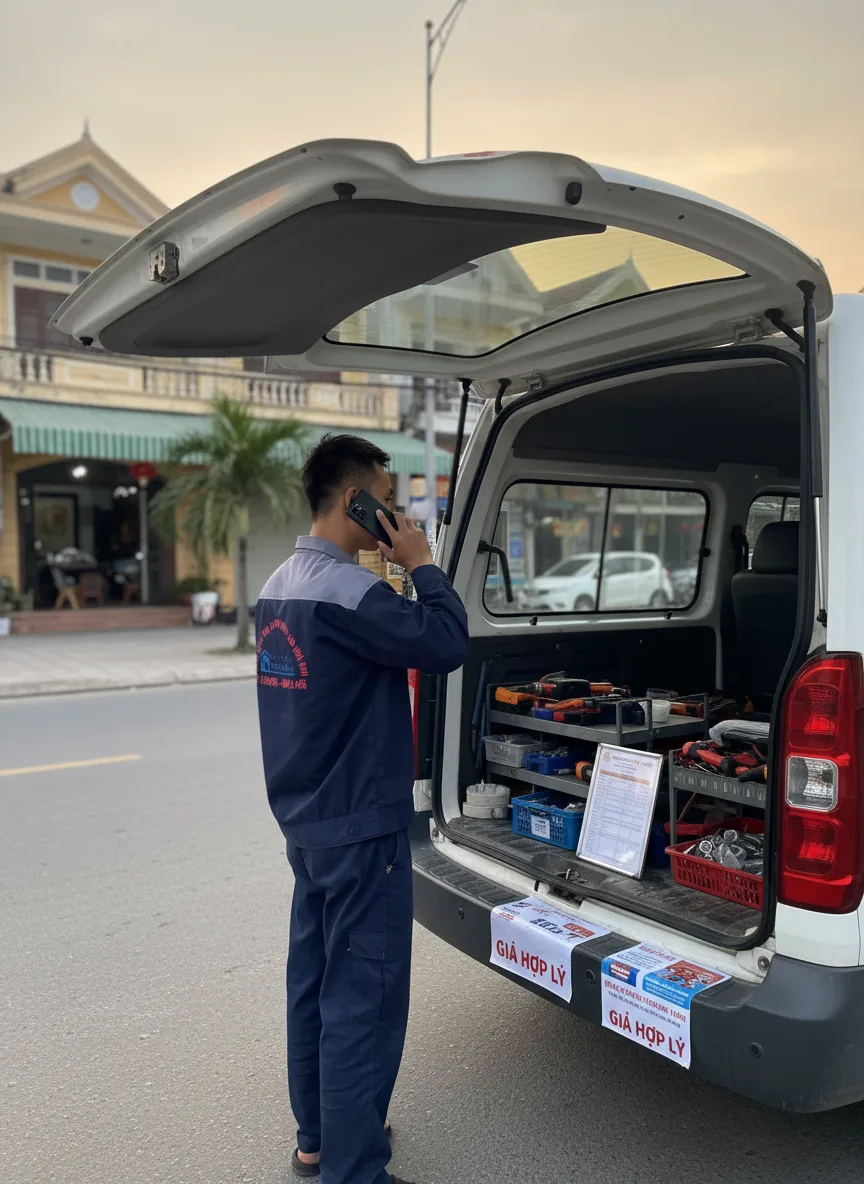 Thanh niên kỹ thuật viên người Việt ~25 tuổi đứng cạnh xe dịch vụ mở cốp chứa dụng cụ tại đường phố Bạc Liêu lúc hoàng hôn, bảng giá và tờ rơi 'giá hợp lý' đặt trên nắp cốp, ánh đè