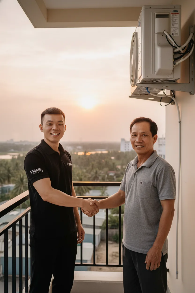 Nhân viên kỹ thuật Hàn Quốc khoảng 30 tuổi đang bắt tay khách hàng là chủ nhà sau khi hoàn thành lắp điều hòa ngoài ban công chung cư ở Bến Tre, hoàng hôn nhẹ, ánh sáng mềm, máy đi