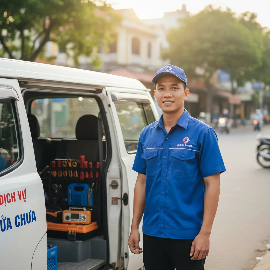 Nam kỹ thuật viên 25 tuổi người Việt trong đồng phục (aa795e9d-0f8f-42e6-82db-b5908d49490e.jpeg) đứng trước ô tô dịch vụ có thùng đồ nghề mở, sáng sớm có ánh sáng dịu, nền là con p