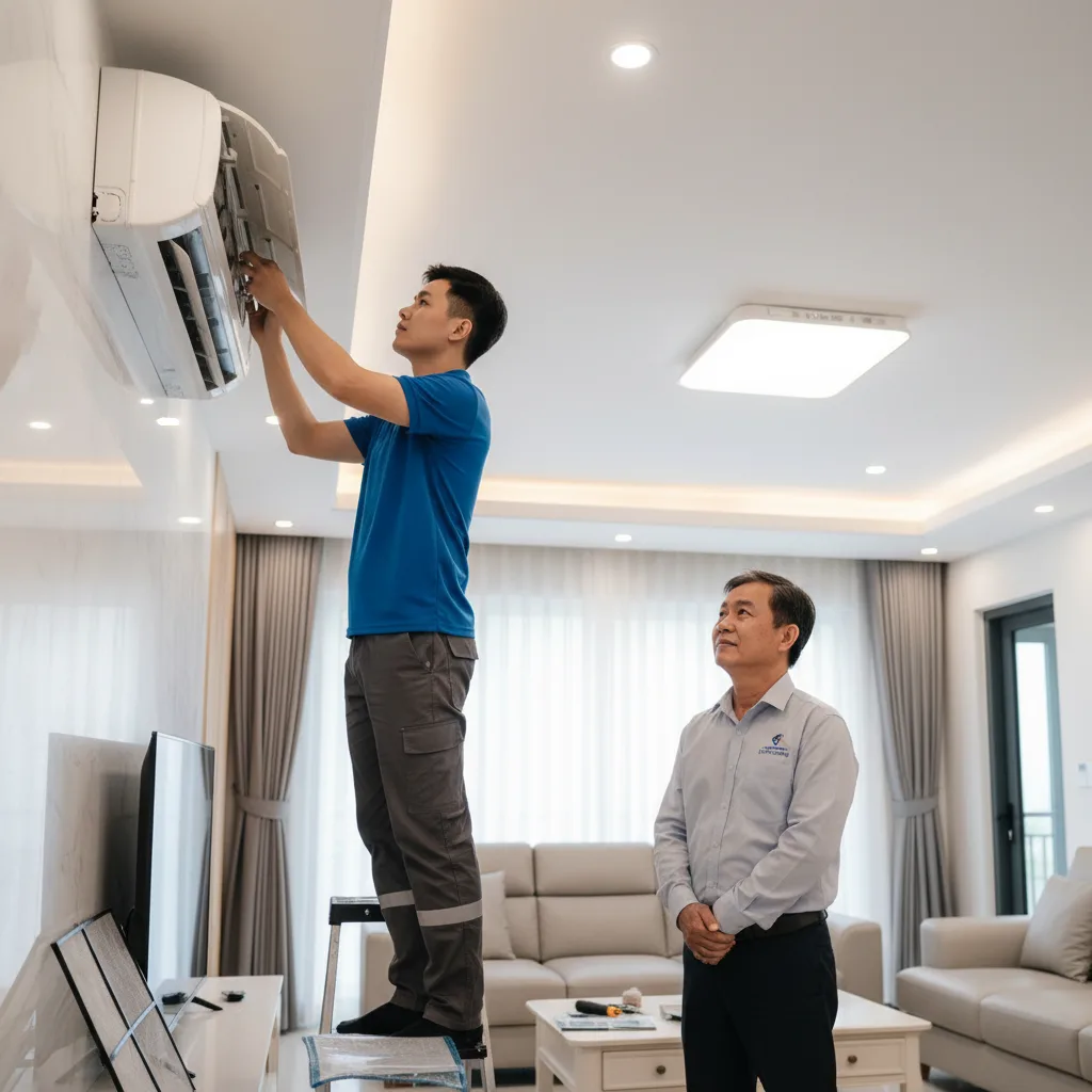 Người thợ nam khoảng 25 tuổi người Việt, mặc đồng phục (aa795e9d-0f8f-42e6-82db-b5908d49490e.jpeg), đang thay lọc và kiểm tra dàn lạnh trong phòng khách gia đình, đèn trần bật ấm, 