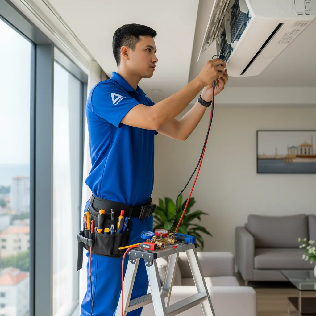 Thợ sửa điều hòa người Việt nam nam ~25 tuổi mặc đồng phục aa795e9d-0f8f-42e6-82db-b5908d49490e.jpeg đang kiểm tra dàn lạnh trong phòng khách chung cư Đà Nẵng, ban ngày, ánh sáng t