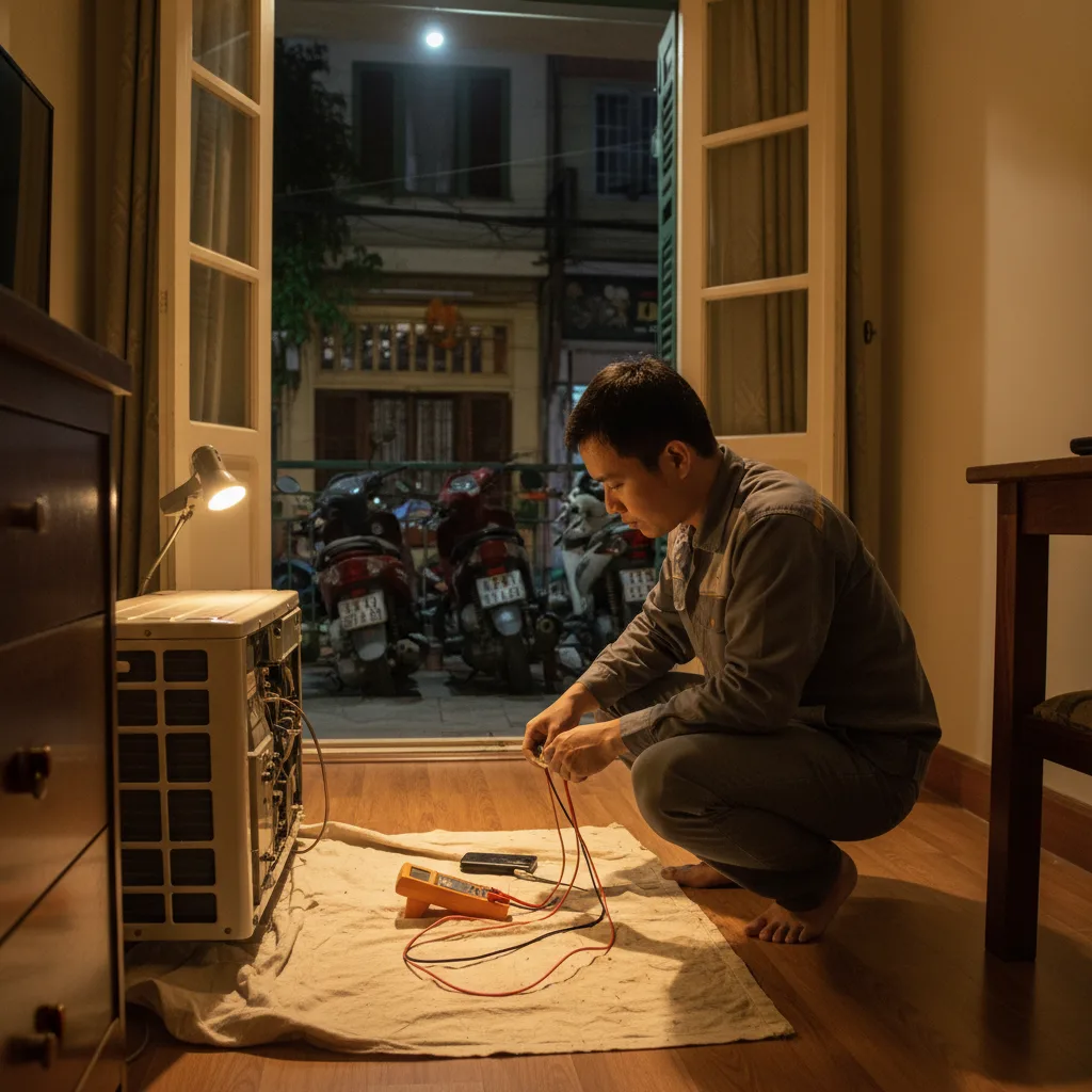 Kỹ thuật viên kiểm tra bảng điều khiển điều hòa trong phòng khách nhỏ, ánh đèn vàng dịu tối muộn, cửa sổ mở hé nhìn ra phố Hà Nội, xe máy đỗ ngoài ban công, biểu cảm tập trung, máy