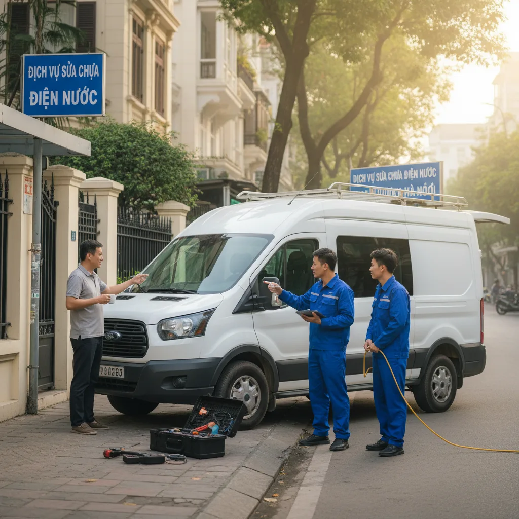 Đội thợ đứng cạnh chiếc ô tô van dịch vụ trên vỉa hè đường nội thành Hà Nội lúc sáng sớm, ánh nắng nhẹ, biển hiệu dịch vụ đơn giản trên mái xe, họ trao đổi nhanh với chủ nhà cầm tá