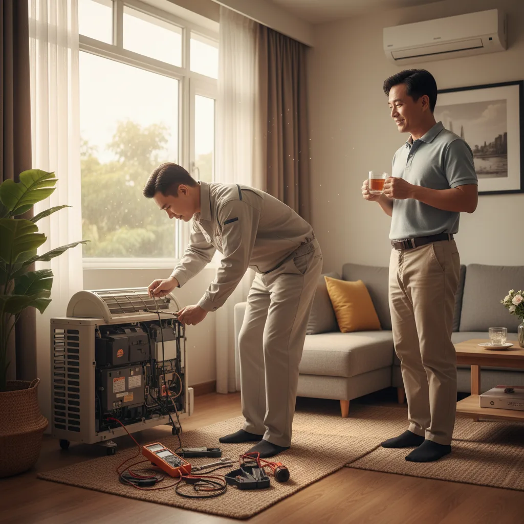 Thợ sửa điều hòa mặc áo đồng phục màu trung tính, cúi người trước dàn máy treo tường trong phòng khách căn hộ ở Hải Phòng, chủ nhà trung niên đứng bên tay cầm ly trà; sáng cuối tuầ