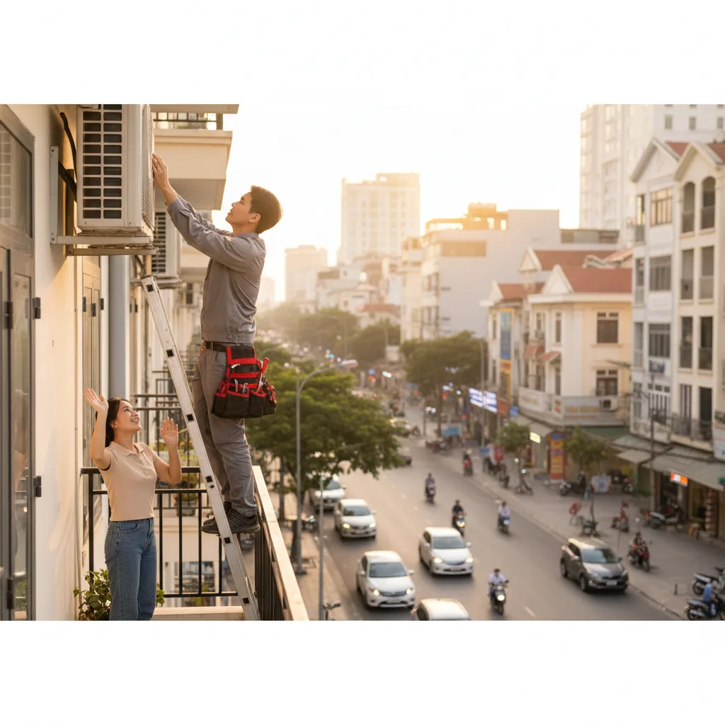 Thợ kỹ thuật leo thang đặt tay vào cục nóng ngoài ban công chung cư ven phố ở Hải Phòng, đường phố nhộn nhịp phía sau, trời hoàng hôn vàng mềm, túi đồ nghề mở lộ nhiều dụng cụ, chủ