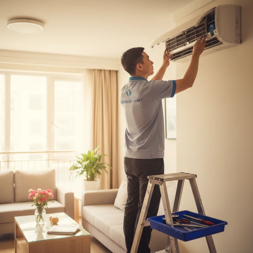 Thợ sửa điều hòa mặc đồng phục đơn giản đang trên thang, tháo nắp dàn lạnh trong căn hộ chung cư ở quận 1, ánh sáng ban ngày dịu qua cửa sổ, nền là phòng khách gọn gàng, dụng cụ cơ