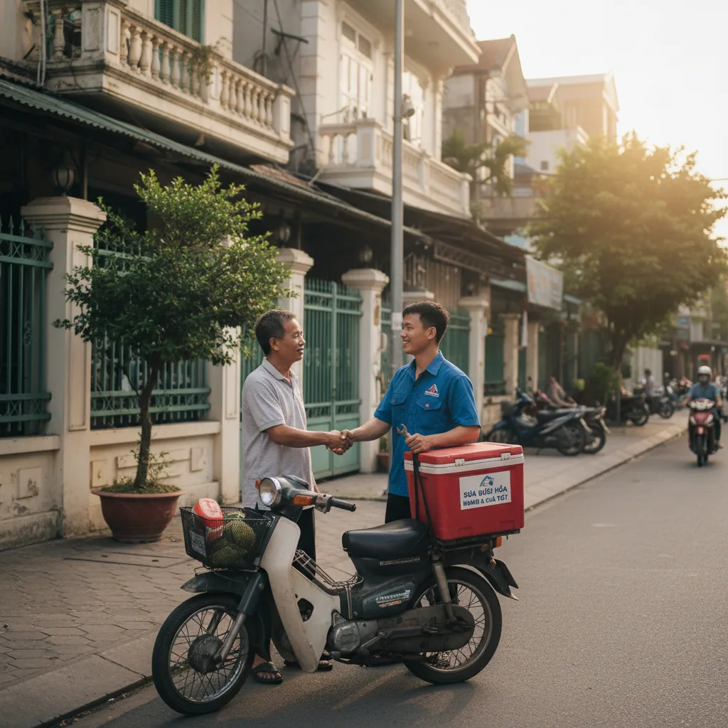 Nhân viên kỹ thuật cười bắt tay khách hàng trung niên trước cửa nhà phố nhỏ ở Sài Gòn, xe máy chở hộp dụng cụ đặt bên cạnh, trời chiều lộng gió, ánh đèn vàng từ đèn đường, bố cục c