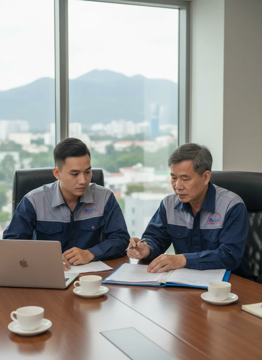 Nam thanh niên châu Á mặc sơ mi công sở ngồi bàn họp văn phòng Đà Nẵng, cùng kỹ thuật viên trao đổi hợp đồng bảo trì điện lạnh, ánh sáng ban ngày tự nhiên qua kính, máy ảnh góc 45°