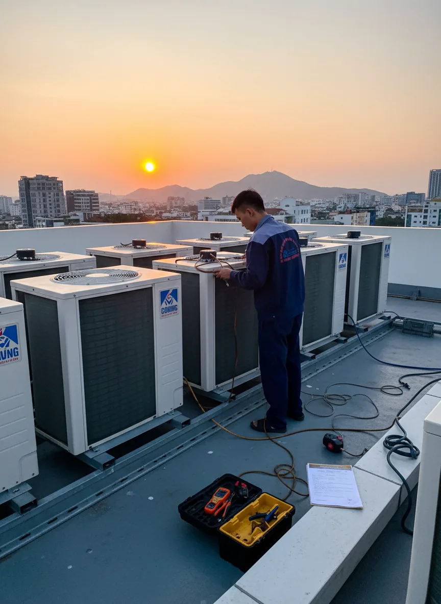 Kỹ thuật viên nam trẻ châu Á kiểm tra dàn nóng máy lạnh trên mái tòa nhà văn phòng tại Đà Nẵng lúc hoàng hôn, ánh nắng vàng rọi, cáp và công cụ, hợp đồng đặt trên thùng dụng cụ, gó
