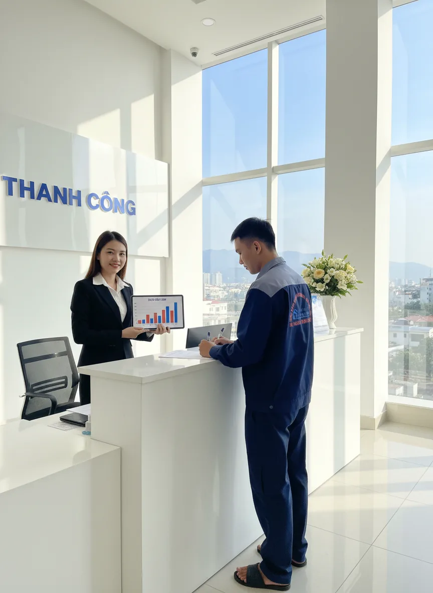 Nam thanh niên châu Á đứng ký hợp đồng gói doanh nghiệp tại quầy lễ tân tòa nhà công ty ở Đà Nẵng, ánh sáng rực rỡ buổi sáng, nhân viên kinh doanh cầm bút, biểu đồ bảo trì trên tab