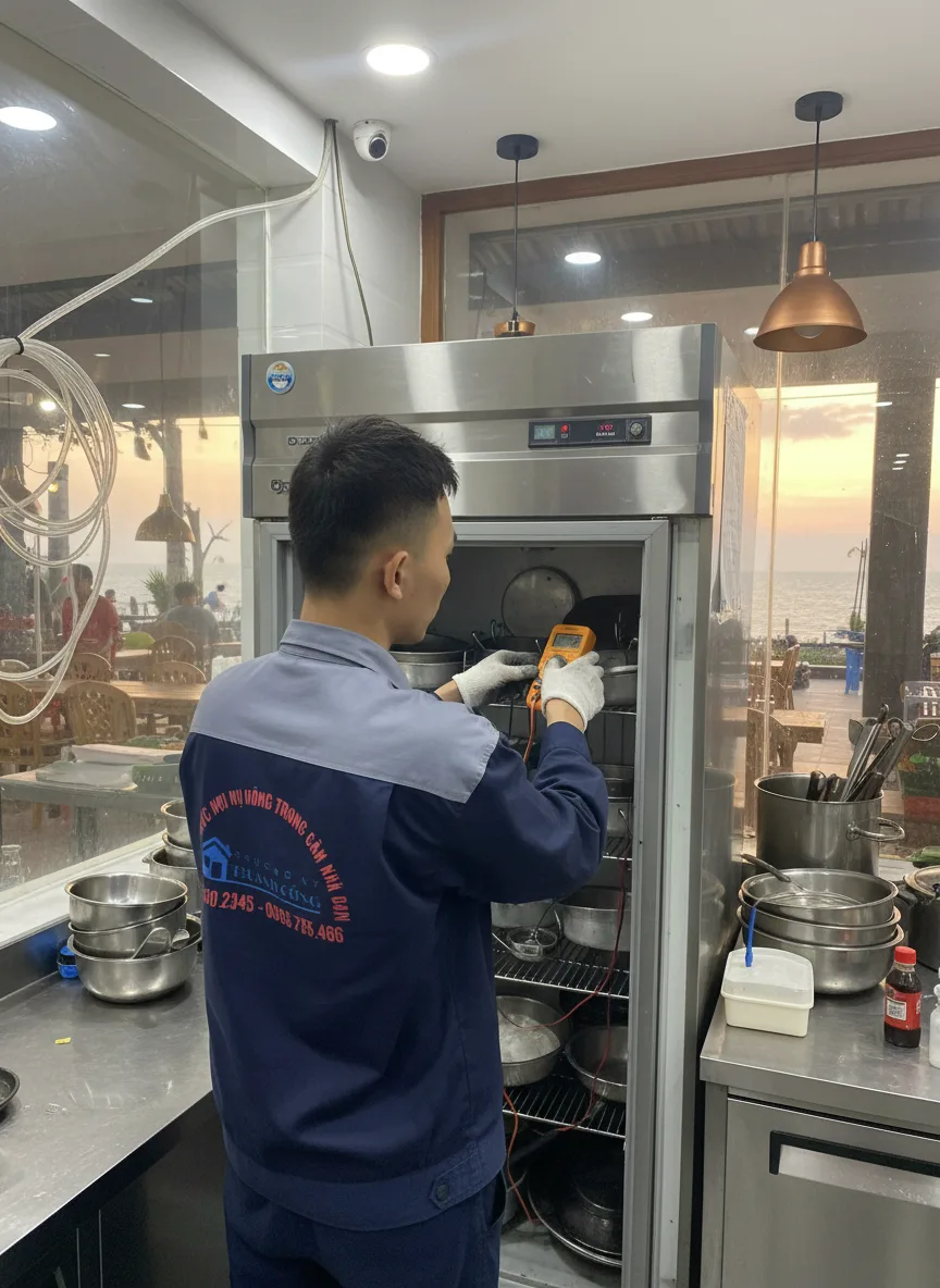 Thanh niên kỹ sư Việt Nam dùng đồng hồ đo và que tiếp đất kiểm tra điện tủ lạnh thương mại trong bếp nhà hàng ven biển Đà Nẵng lúc chiều, ánh đèn vàng ấm kết hợp ánh hoàng hôn, bố 