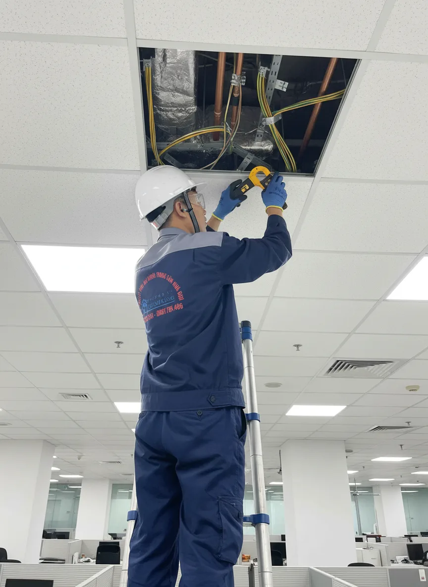 Kỹ thuật viên trẻ người Việt đặt que tiếp đất vào cọc đồng ngoài sân tòa nhà chung cư Đà Nẵng lúc sáng sớm, mặc đồng phục công ty, máy đo điện đặt trên hộp công cụ, ánh sáng sương 