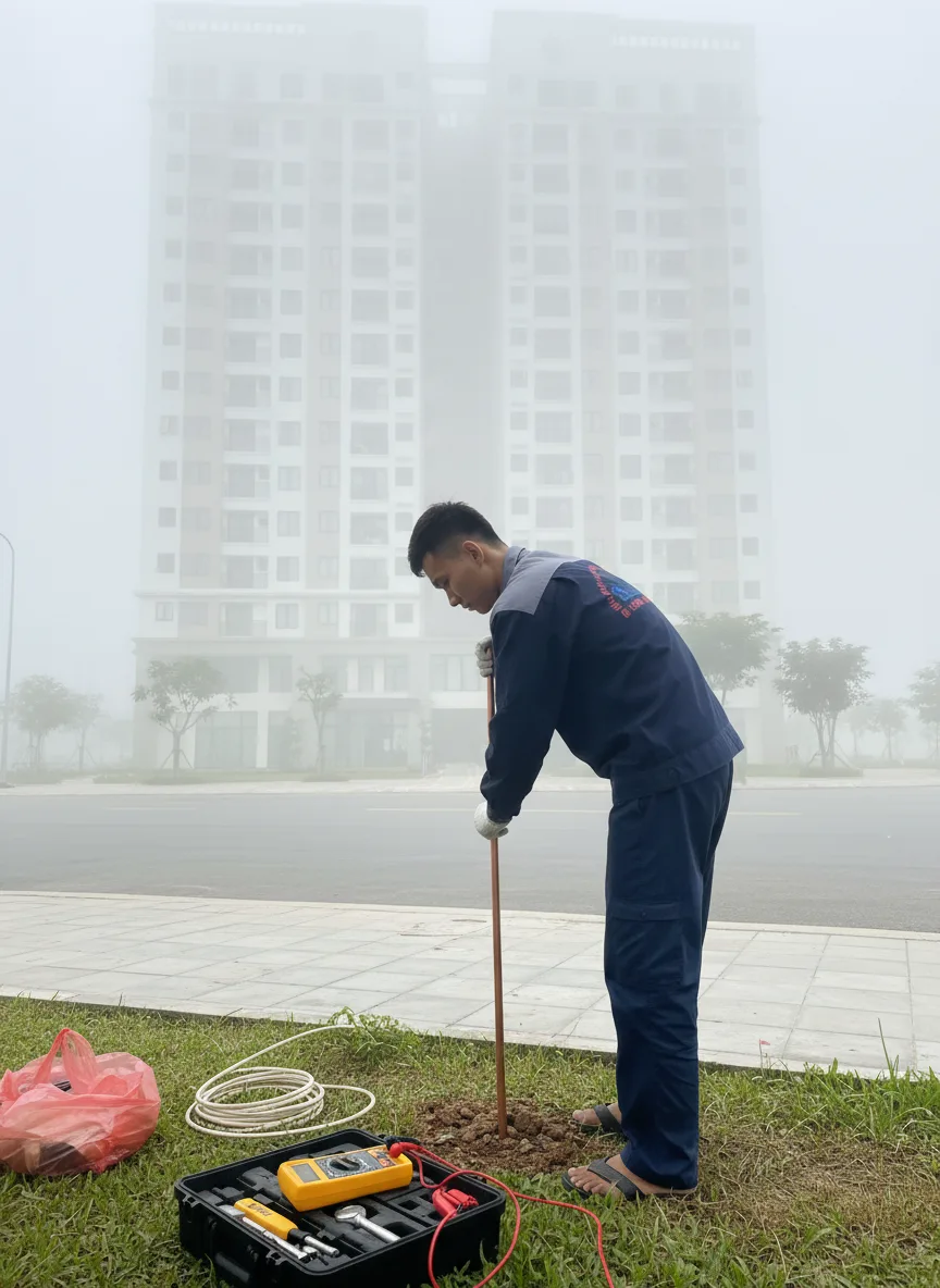 Nam thanh niên châu Á kiểm tra đo dòng rò trên dàn lạnh âm trần trong văn phòng, đứng trên thang, đeo mũ bảo hộ và kính bảo hộ, tay cầm kìm đo dòng, ánh sáng huỳnh quang dịu, mood 