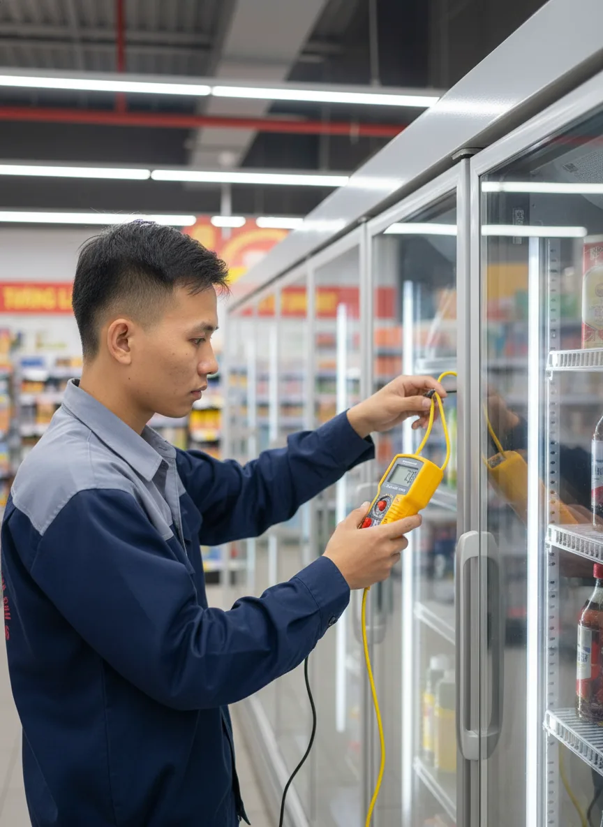 Nam nhân viên kỹ thuật kiểm tra an toàn điện cho tủ lạnh siêu thị, dùng đồng hồ đo dòng rò cách điện, dây nối đất minh bạch, ánh đèn LED trên trần, mood tập trung chuyên nghiệp, cậ