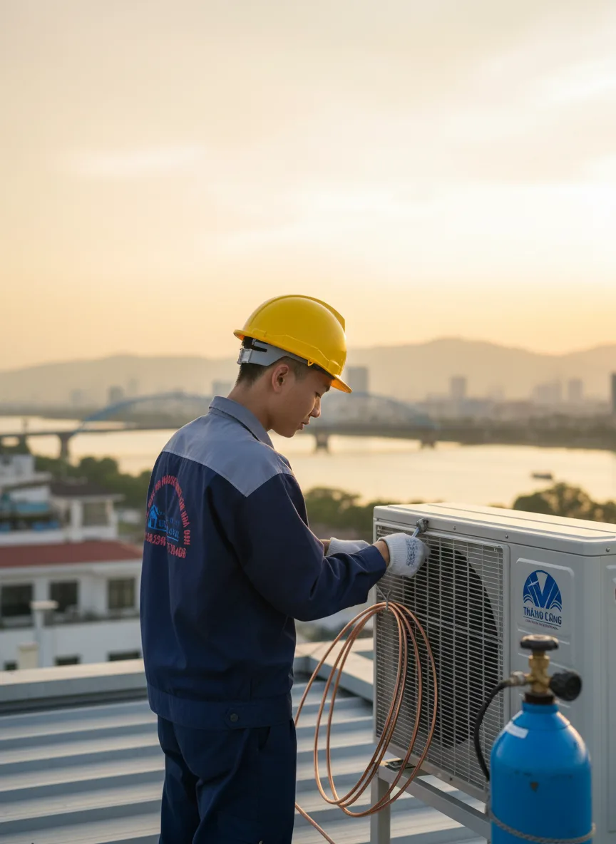 Nam thanh niên châu Á mặc đồng phục kỹ thuật, mũ bảo hộ, đang lắp dàn lạnh trên mái nhà một tòa nhà ở Đà Nẵng, nhìn ra cầu Sông Hàn; bình khí, cờ-lê, dây đồng, trời chiều vàng nhẹ,