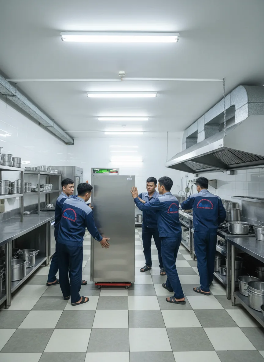 Kỹ thuật viên nam châu Á cùng đồng đội di chuyển tủ lạnh công nghiệp vào bếp nhà hàng ở trung tâm Đà Nẵng, nền bếp inox, thang, xe đẩy, đèn huỳnh quang lạnh, ánh sáng sáng rõ, mood