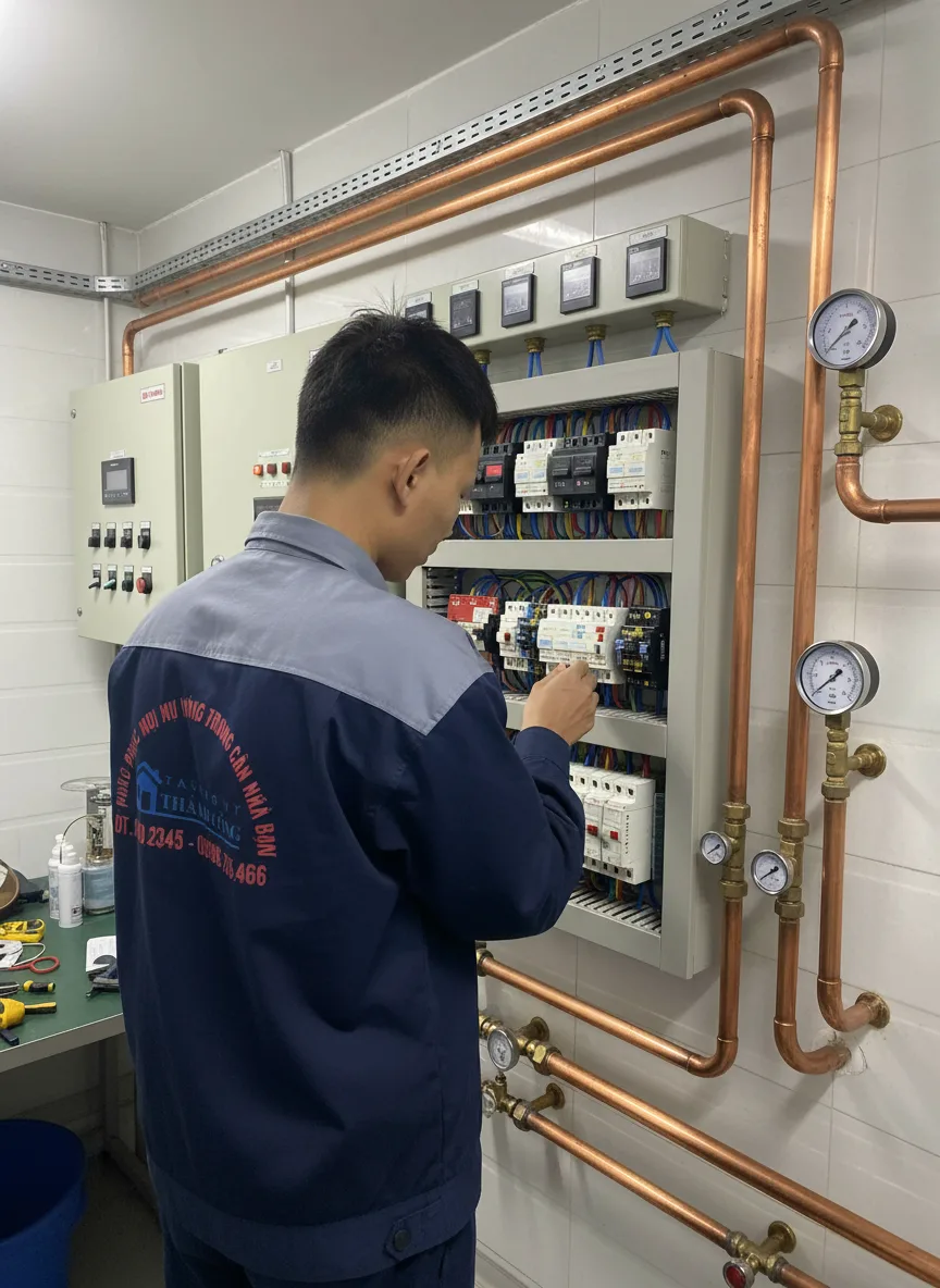 Nam thanh niên châu Á kiểm tra bảng điều khiển hệ thống lạnh trong phòng máy của tòa nhà văn phòng, bảng điện, ống đồng, đồng hồ áp suất, ánh sáng nhân tạo ấm, không gian kỹ thuật