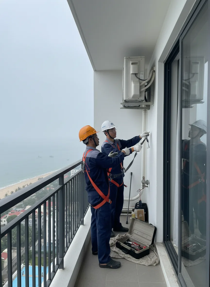 Kỹ thuật viên trẻ châu Á và cộng sự đang tháo dỡ dàn lạnh trên ban công chung cư nhìn ra biển Mỹ Khê, thiết bị bảo hộ, dây an toàn, hộp dụng cụ mở, trời sáng sớm mờ sương, ánh sáng