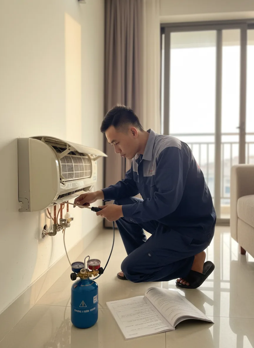 Thợ trẻ người châu Á quỳ trước máy lạnh trong phòng khách căn hộ miền trung, dùng bút dò rò rỉ xịt lên mối nối, ánh sáng chiều dịu từ cửa sổ, bố cục cận cảnh nửa thân, cảm giác cẩn