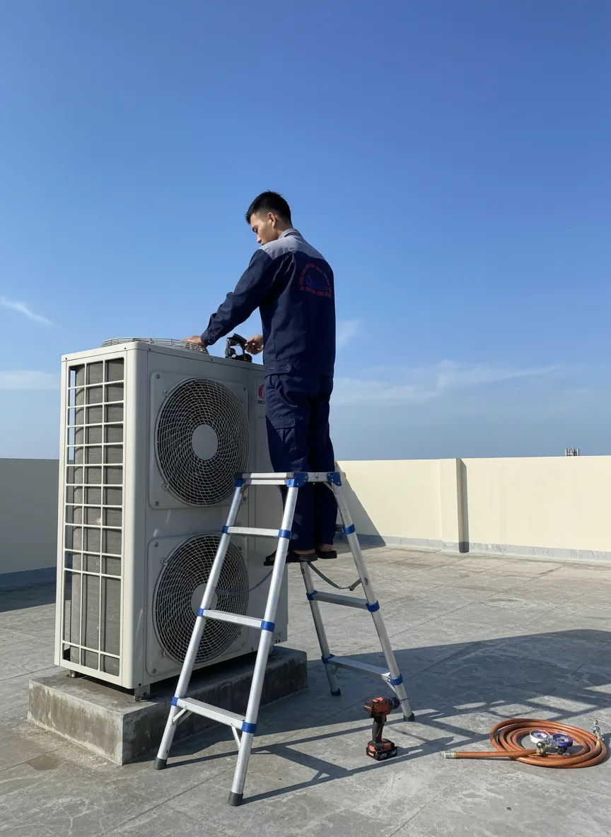 Nam kỹ thuật viên châu Á đứng trên thang trước dàn nóng đặt trên mái nhà nhỏ, tay thay gioăng, nền là bầu trời xanh Đà Nẵng cuối buổi sáng, ánh sáng trực tiếp, góc rộng hơi thấp ch