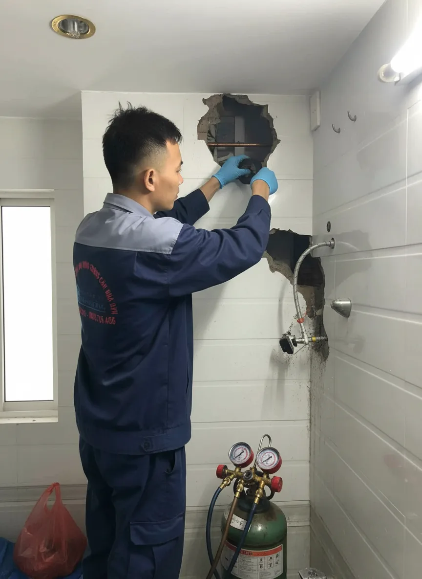 Kỹ thuật viên trẻ châu Á kiểm tra vết dầu và vá rò rỉ bằng tay và băng keo chuyên dụng trên đường ống dàn lạnh treo tường, ánh sáng ban ngày từ cửa sổ, góc chụp cận trung, mood ngh