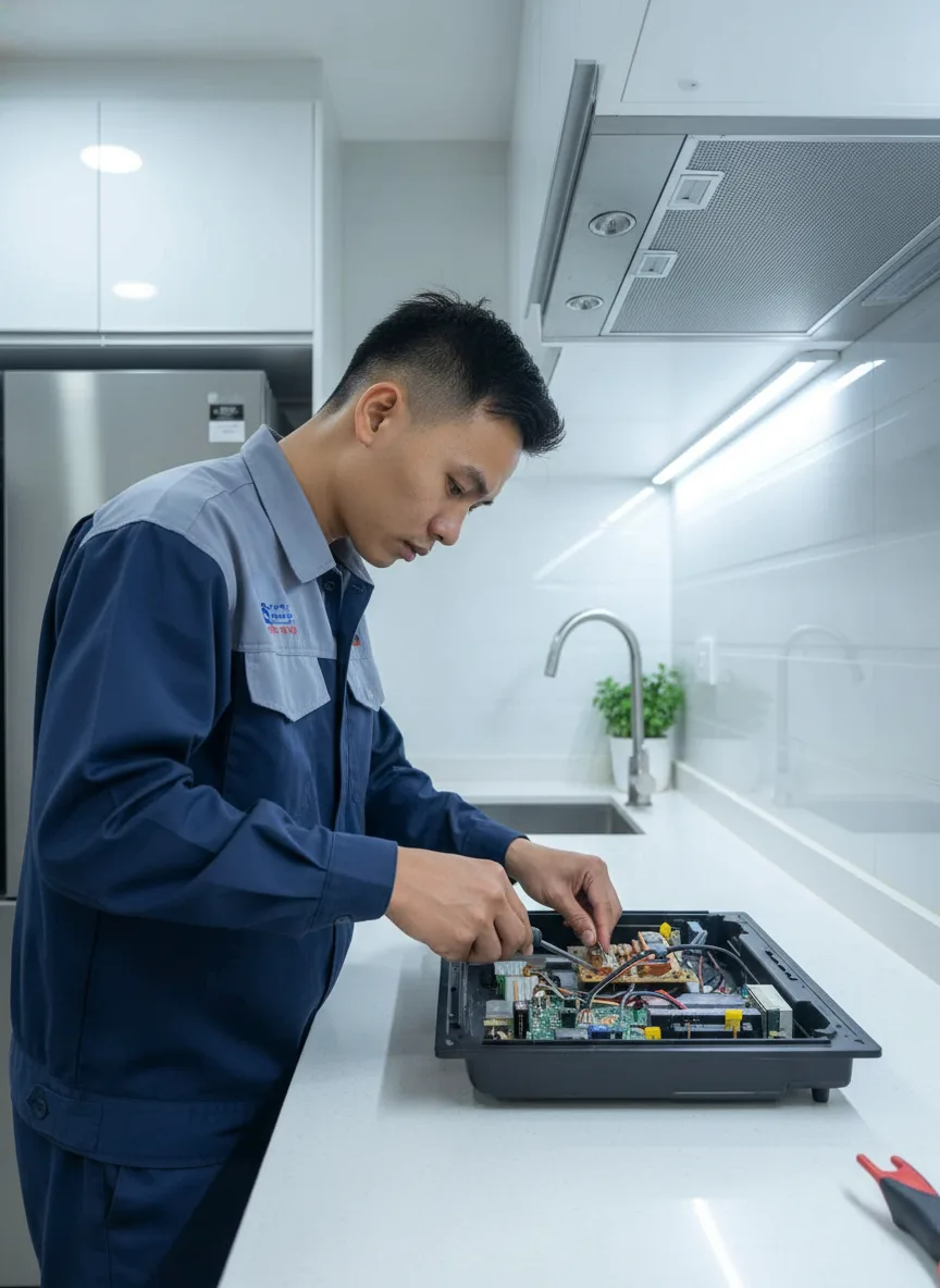 Không gian bếp hiện đại, nam thanh niên châu Á cầm tua vít, cúi xuống kiểm tra bếp hồng ngoại không nóng, mặt kính vỡ được tháo bỏ, ánh sáng LED dưới tủ phản chiếu trên bề mặt, cận