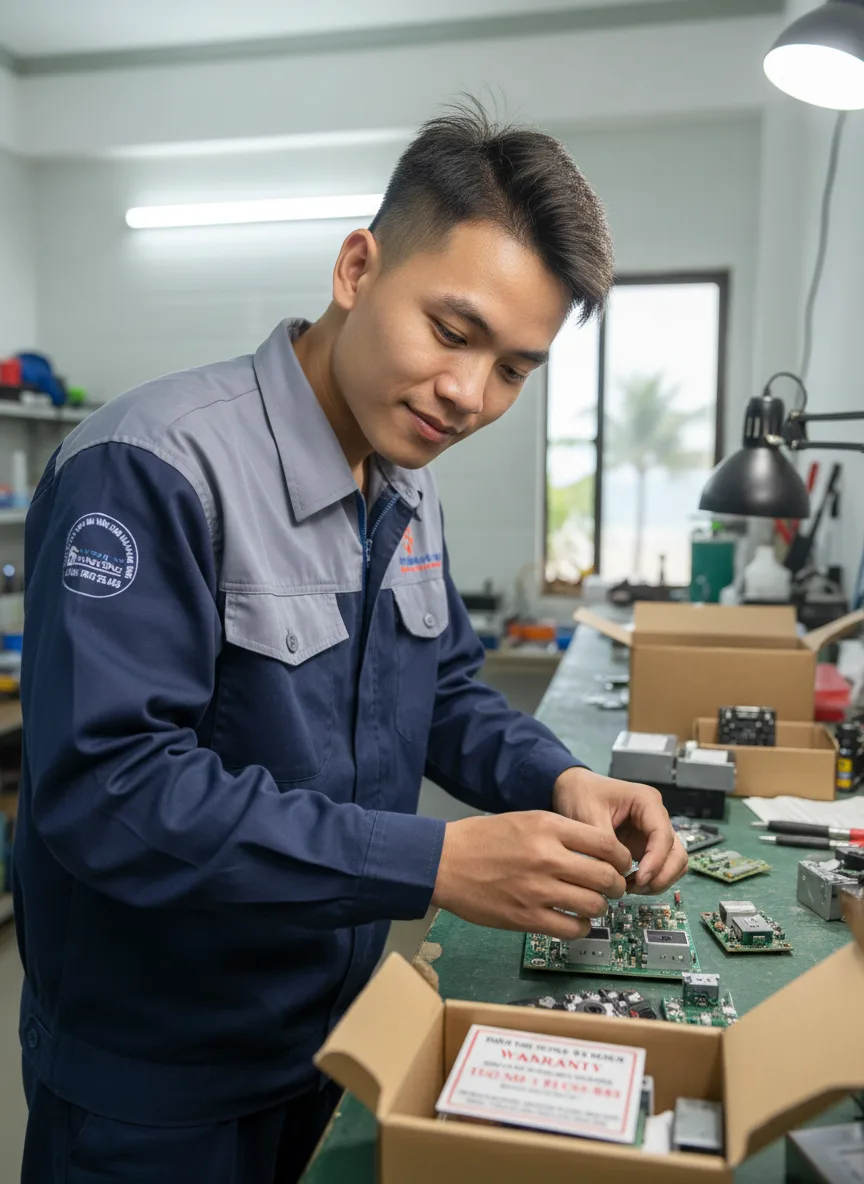 Kỹ thuật viên trẻ người Việt kiểm tra linh kiện thay thế trên bàn ở xưởng sửa chữa nhỏ sát biển Đà Nẵng, đèn LED trắng chiếu đều, hộp linh kiện có tem bảo hành, góc chụp 45 độ, cận