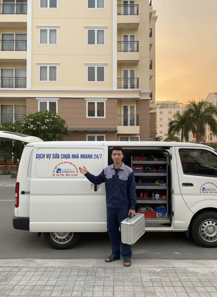 Nam thanh niên kỹ thuật mang vali dụng cụ đứng cạnh xe dịch vụ đỗ trước chung cư, biển hiệu dịch vụ giản dị, hoàng hôn Đà Nẵng tạo ánh vàng ấm, góc rộng cho thấy xe, công cụ và tòa