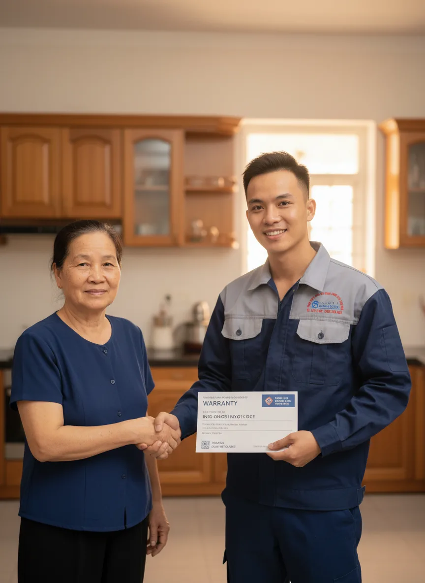 Cảnh trong căn bếp gia đình, kỹ thuật viên trẻ đưa phiếu bảo hành và hóa đơn linh kiện chính hãng cho chủ nhà, ánh sáng trong nhà ấm áp buổi chiều, chụp cận cảnh hai người bắt tay,