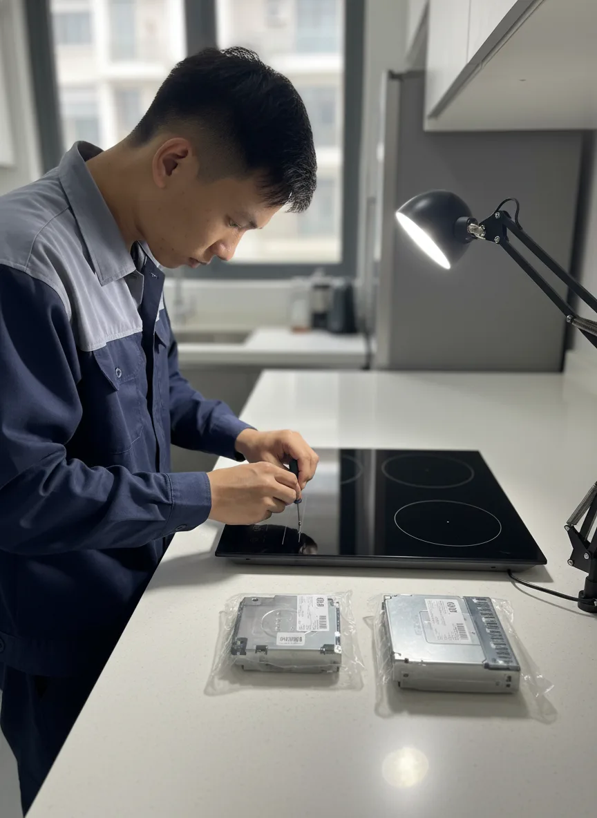 Cận cảnh tay nam kỹ thuật tháo vít trên bếp từ, linh kiện mới đặt cạnh, đèn bàn chiếu sáng tập trung, nền mờ là căn bếp hiện đại ở Đà Nẵng, góc chụp từ trên xuống, chi tiết sắc nét