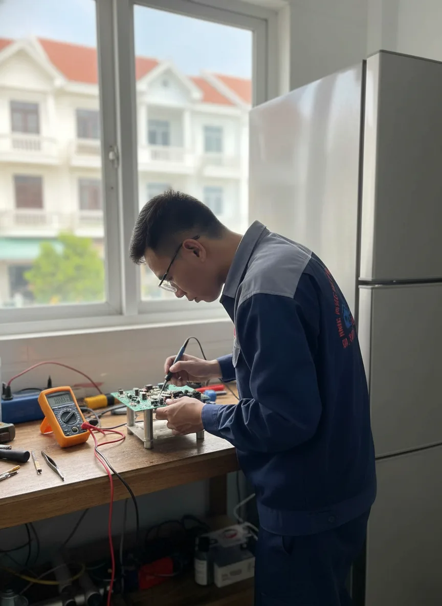 Thanh niên châu Á khoảng 25 tuổi tập trung sửa board điện tử tủ lạnh trong xưởng nhỏ ở Đà Nẵng, ánh sáng ban ngày từ cửa sổ nhìn ra dãy nhà phố, mặt bàn gỗ có board, mỏ hàn, đồng h